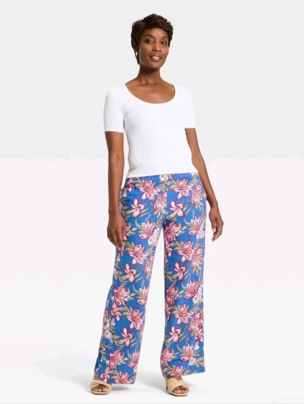 Women's Linen Wide Leg Pull-On Pants - A New Day Blue Floral Small-Long